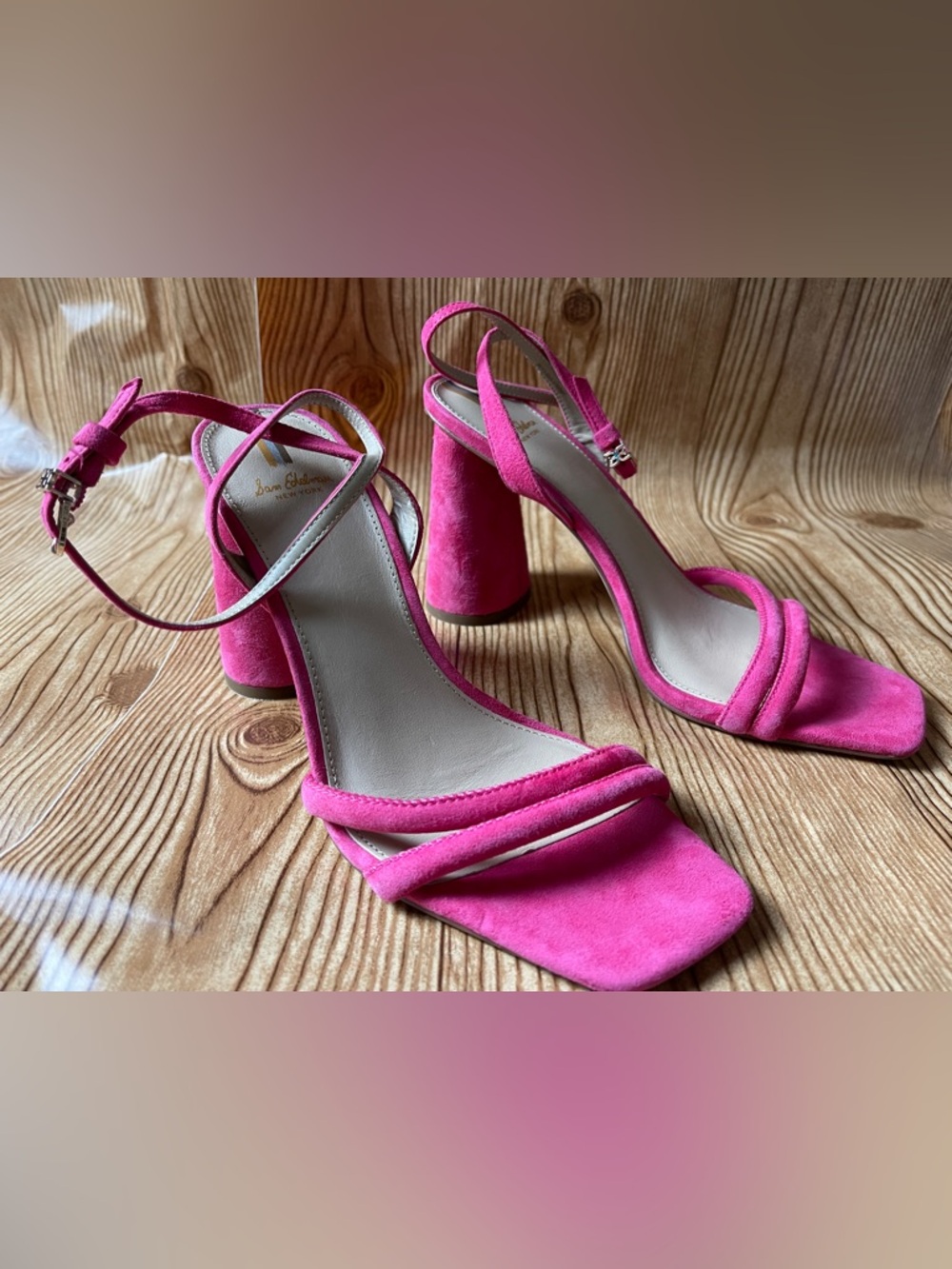 New Sam Edelman Leather Hot Pink Suede Block Heel Sandals Size 9M